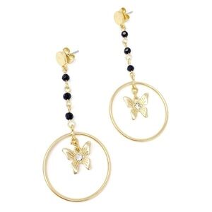Lucky Brand Butterfly Earrings Dangle Hoops Gold with Black Beads New in Box NWT